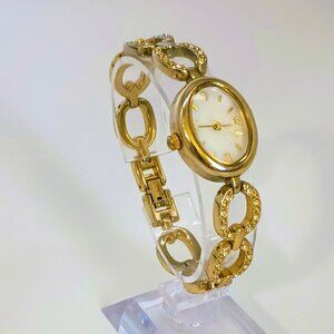 Christian Benet Link Bracelet Watch 6.25 Ladies Gold Tone Rhinestone & Studs